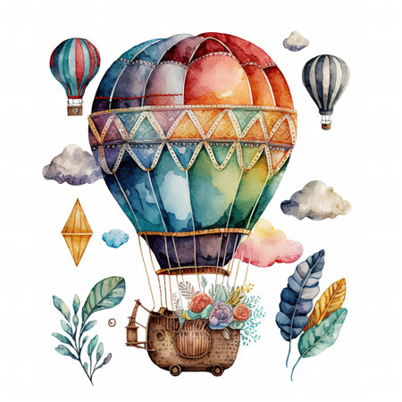 Watercolor illustration of hot air balloon with floral elements. Hand drawn watercolor illustration.の素材
