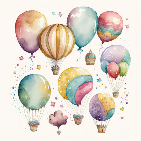 Watercolor air balloons set. Hand painted watercolor illustration isolated on white background.の素材