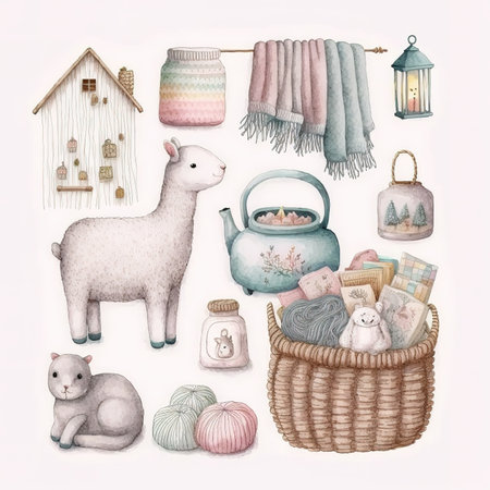 Hand drawn watercolor illustration. Cute llama, cat, birdhouse, cup of tea, woolen blanket, Christmas decorations. Scandinavian style.の素材