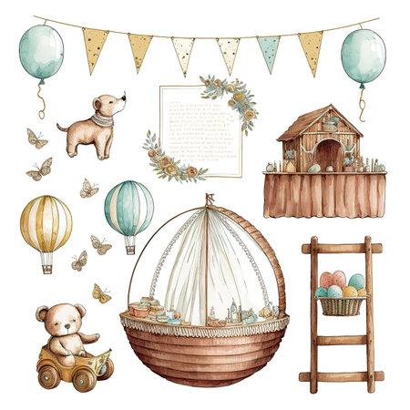 Hand drawn watercolor set with baby shower elements. Vector illustration.の素材