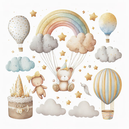 Set of cute hand drawn watercolor illustrations. Cute cartoon animals with clouds and balloons.の素材
