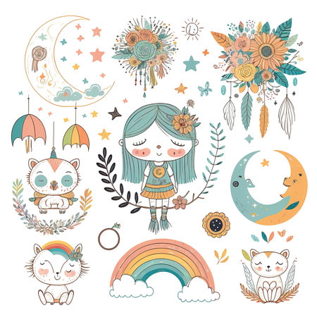 Cute hand drawn vector illustration with cute cat, moon, rainbow, owl, fox, raccoon. Doodle style.の素材