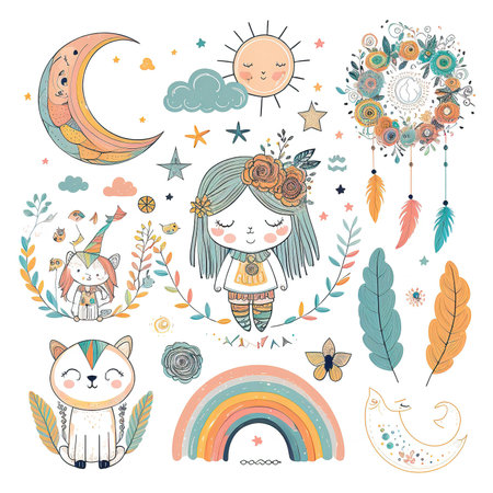 Cute hand drawn vector illustration with cute fox, cat, unicorn, moon, rainbow, feathers, stars and other elements.の素材
