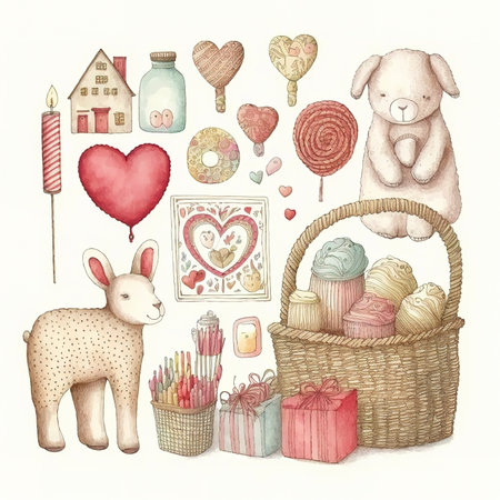 Valentine's day hand drawn watercolor illustration with cute animalsの素材