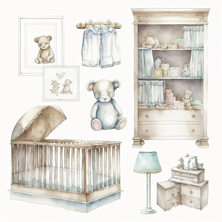 Set of hand drawn illustrations of baby room interior elements. Watercolorの素材