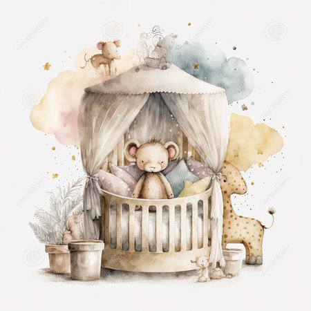 Watercolor illustration of a cute baby crib with a teddy bear.の素材