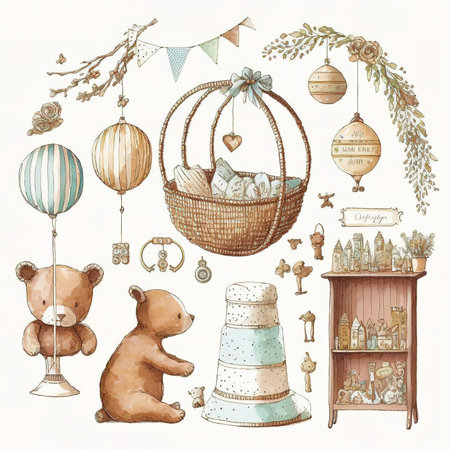 Hand drawn vector set of vintage toys and objects. Vector illustration.の素材