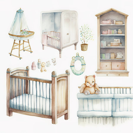 Watercolor set of baby room elements. Baby bed, crib, teddy bear, chest of drawers, bookshelf and toys. Hand drawn illustrationの素材