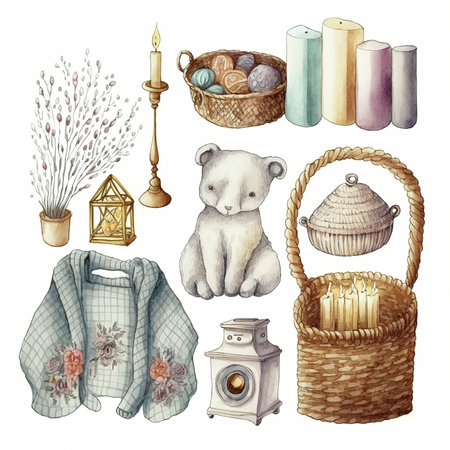 Watercolor hand drawn set of vintage items. Basket with flowers, candles, teddy bears.の素材