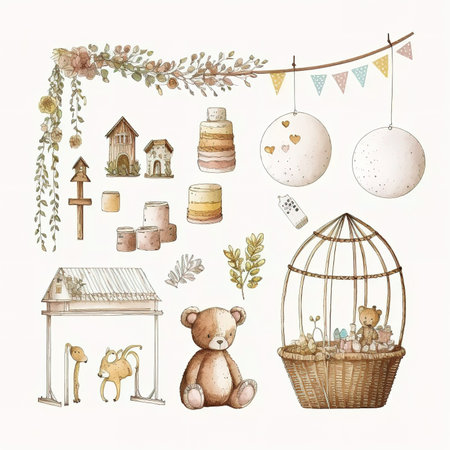 Set of cute hand drawn elements for baby shower, birthday, baby shower, save the date cards, invitations and more.の素材