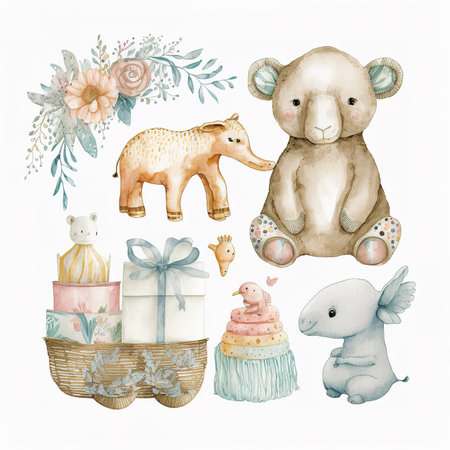 Watercolor baby shower set with bear, elephant, bear, gift box.の素材