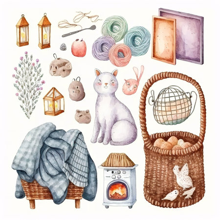Hand drawn watercolor illustration of a set of items for knitting.の素材