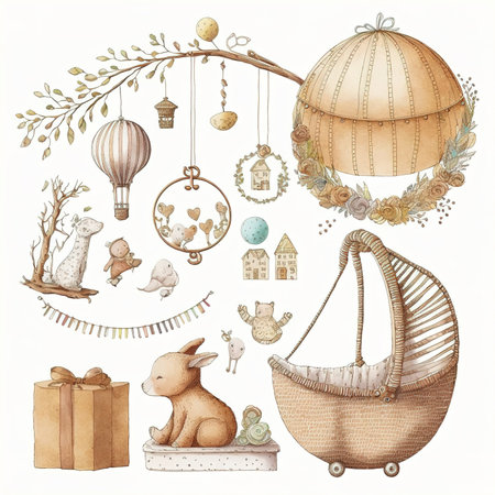 Set of cute hand drawn elements for baby shower. Vector illustration.の素材