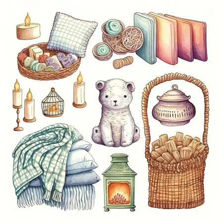Hand drawn illustrations set of home interior elements. Cute bear, books, candles, wicker basket, lantern, blanket, pillows.の素材