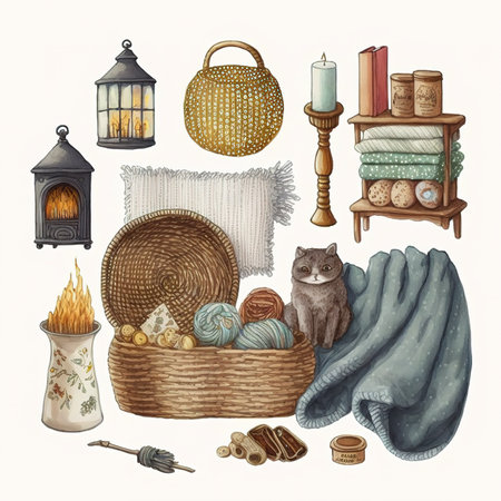 Cozy home interior. Basket with wool yarn, knitted plaid, candles, books, basket, lamp, bookcase. Watercolor illustrationの素材