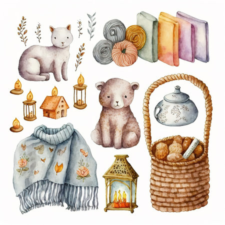 Watercolor hand drawn set of autumn and winter symbols. Cute cartoon animals, baskets, lanterns, books, knitted sweaters, plaids.の素材