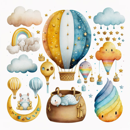 A set of elements for children's creativity. Hot air balloon, rainbow, moon, clouds, rainbow, bird, bear.の素材