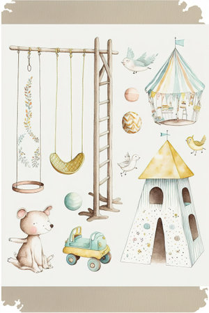 hand drawn illustration of a childrens playroom with toys and animalsの素材