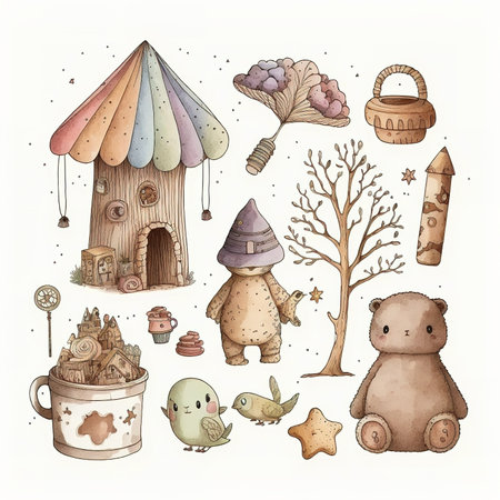 Watercolor illustration of a baby carriage with toys. Hand drawn illustration.の素材