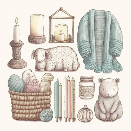 Watercolor set of baby items and accessories. Hand drawn illustration.の素材
