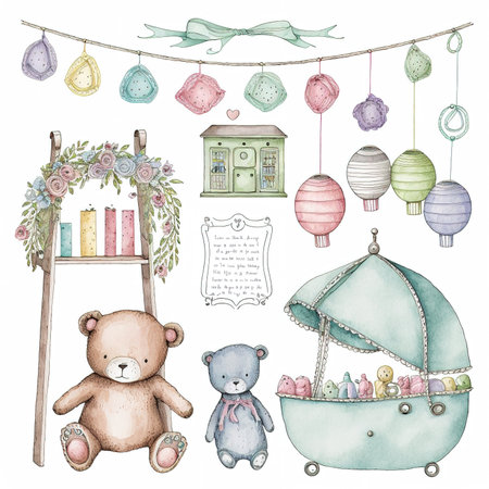 Watercolor set of cute hand drawn elements for baby shower, birthday, invitations, greeting cards, scrapbookingの素材