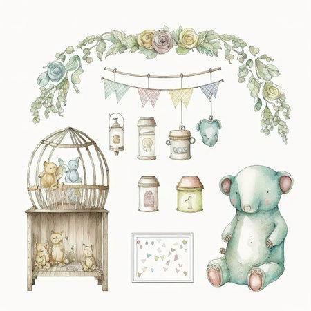 Watercolor set of baby shower elements: teddy bear, birdcage, flowers, cupcake, toys. Hand drawn illustrationの素材