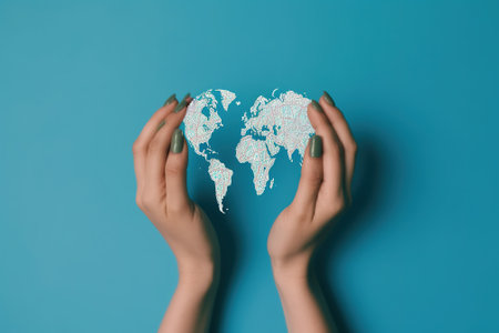 Female hands holding a world map on a blue background, top viewの素材