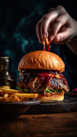 Hamburger with beef and french fries on rustic wooden backgroundの素材