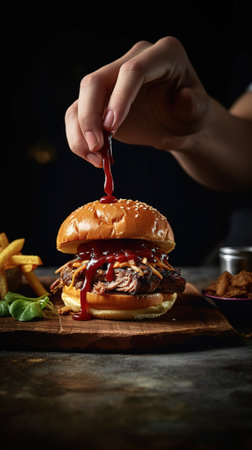 Hamburger with meat and french fries on a wooden board.の素材