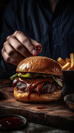 Cheese burger - American cheese burger with Golden French fries and ketchupの素材
