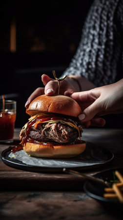 Hands of a woman holding a hamburger on a wooden tableの素材