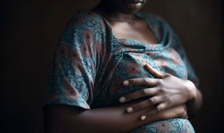 Close up of a pregnant woman with hands on her tummy.の素材