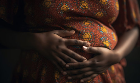 Close up of a pregnant woman touching her belly with her hands.の素材