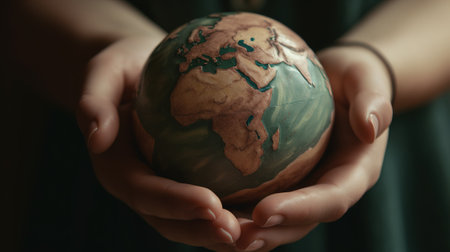 Female hands holding a world globe in her hands. close up.の素材