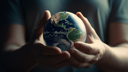 Globe in human hands, protect our planet earth from global warming.の素材