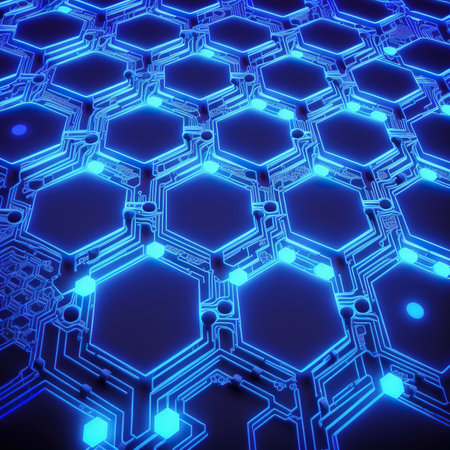 Abstract technology background with blue glowing hexagons. 3D Renderの素材