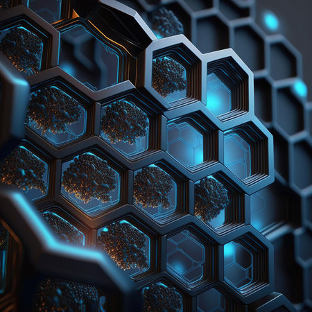 3D futuristic background with hexagons and glowing lines. 3D illustrationの素材