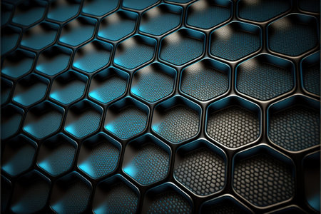3D rendering of abstract metallic background with hexagons in blue colorの素材