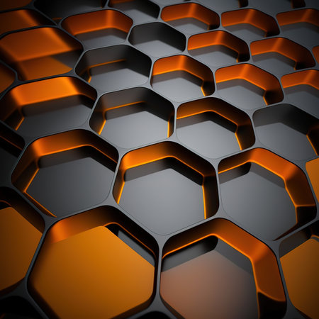 3d render of hexagon background in orange and black color.の素材