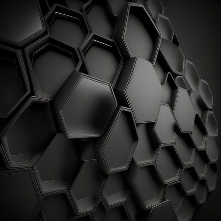 3d rendering of abstract metallic background with hexagons in black colorの素材
