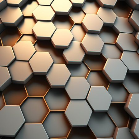 3d render of hexagon background in gold and silver color.の素材