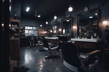 Barbershop interior. Interior of barber shop. Barbershop interior. Barber shop chair.の素材