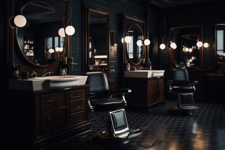 Interior of a barber shop. Barbershop chair, mirror and mirrorの素材
