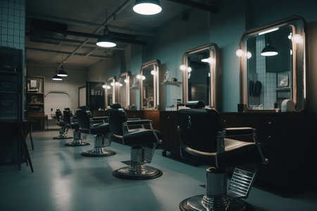 Barber shop interior with chair and mirror. Barber shop backgroundの素材