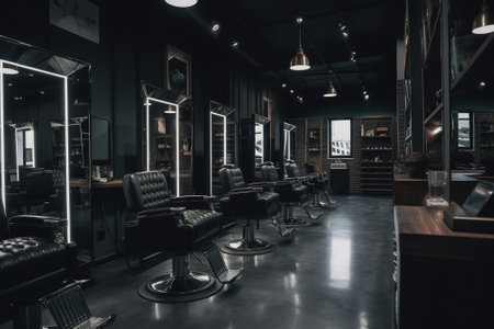Interior of a barber shop. Barbershop interior with black leather chairs and tablesの素材