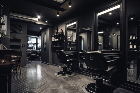 Interior of a barber shop in black and white tones.の素材