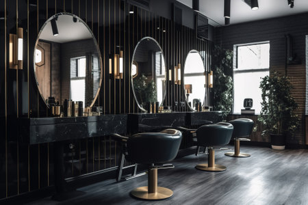 Interior of modern barbershop with black and golden walls, wooden floor, round mirror and black armchairs. 3d renderの素材