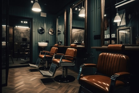 Interior of a barbershop with chairs and tables for haircutsの素材