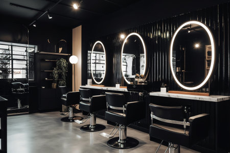 interior of modern barbershop with mirror and black armchairsの素材