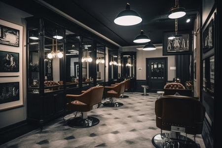 Barber shop interior. Barbershop interior. Barbershop interior with barber chairの素材